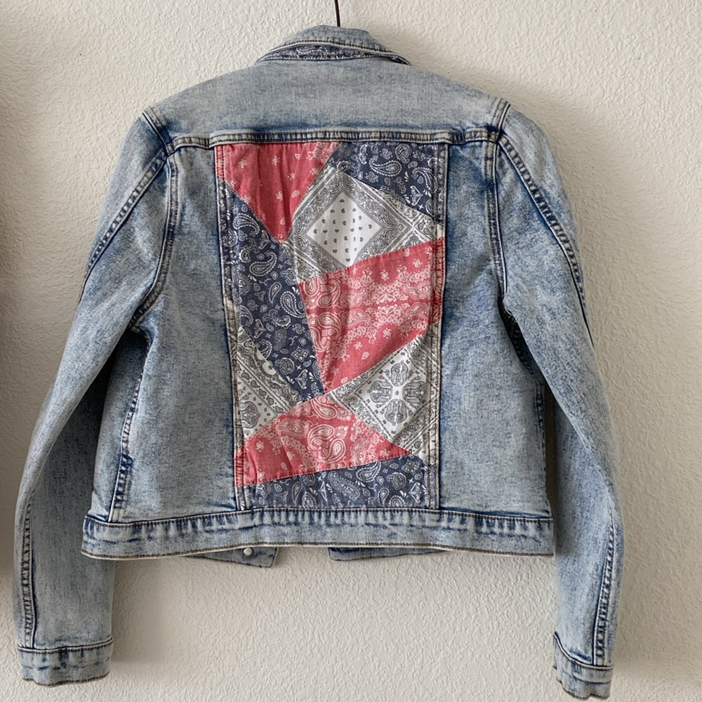 Driftwood Denim Jacket. Patchwork Bandana. Size XS.